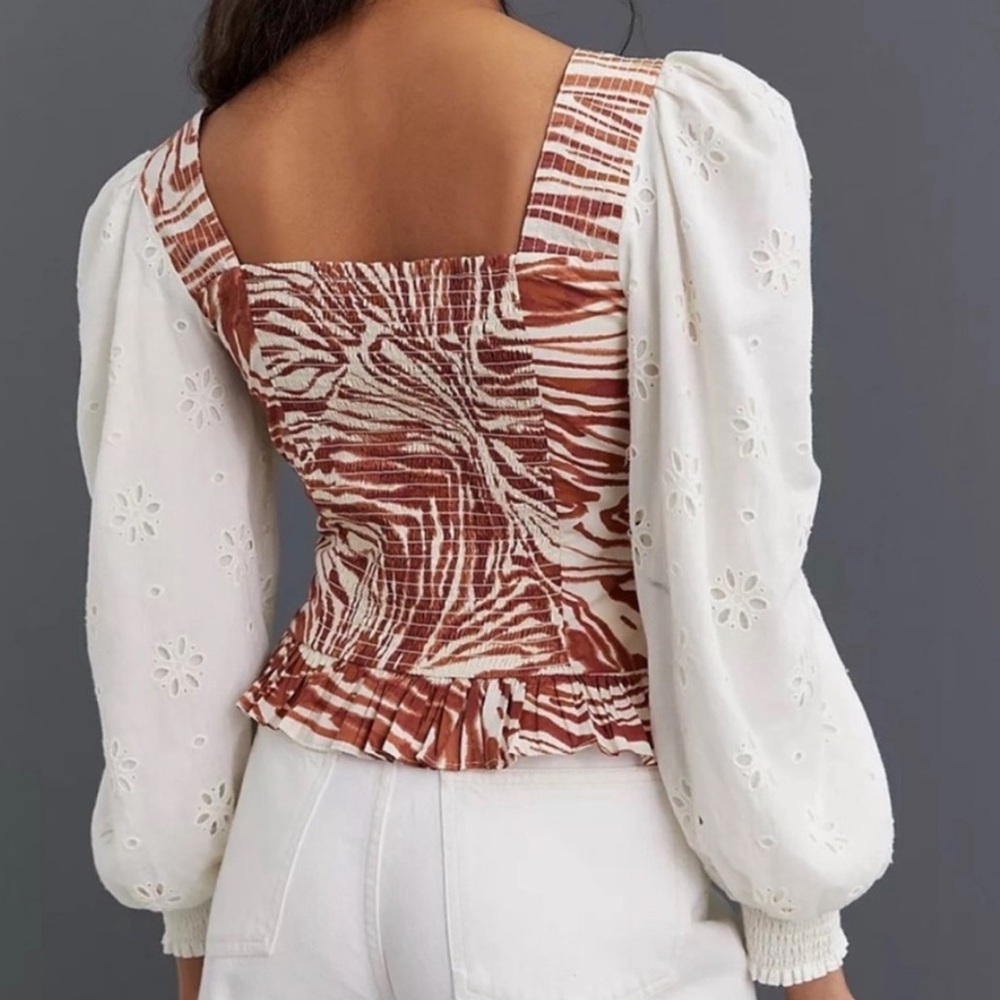 Anthropologie Love The Label Women Smocked Puff-Sleeve Blouse Size S Mixed Print - Picture 8 of 15